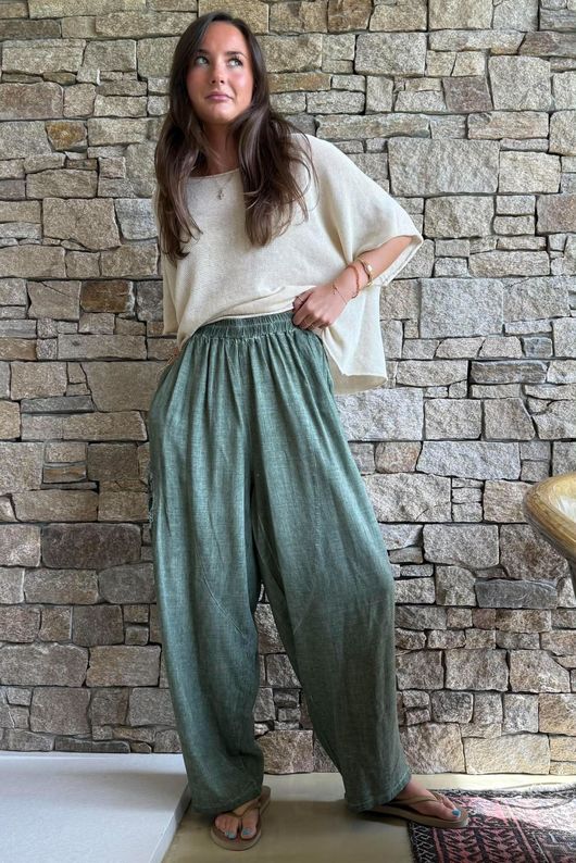 Lindin Linen Blend Crochet Flower Barrel Pant Washed Khaki